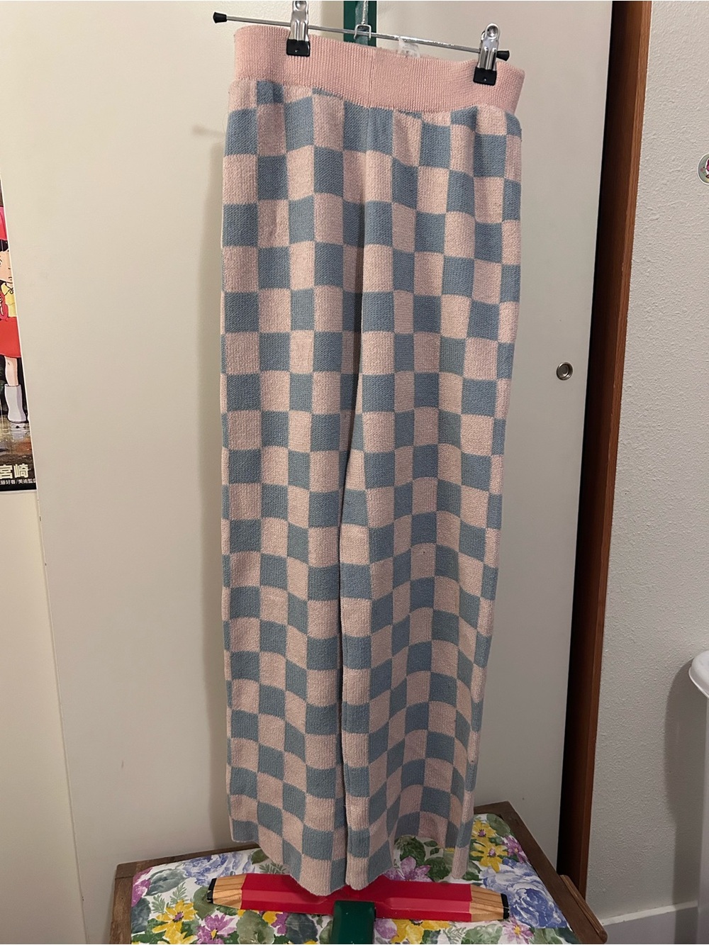 Checker Knit Straight Leg Pants - Double Zero Off White/Pink and Blue